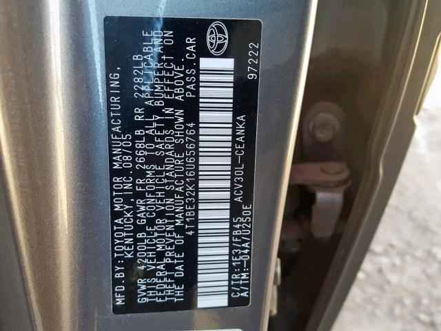 4T1BE32K16U656764 - 2006 TOYOTA CAMRY LE GRAY photo 10