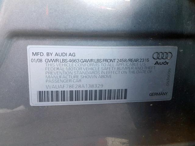 WAUAF78E28A138329 - 2008 AUDI A4 2.0T SILVER photo 10