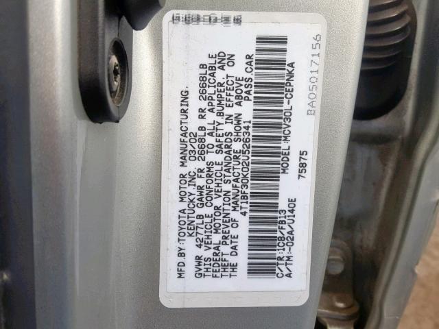 4T1BF30K02U526341 - 2002 TOYOTA CAMRY LE 银色 照片 10