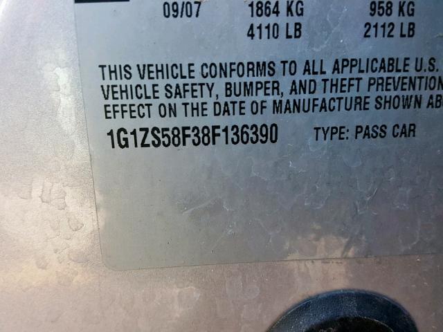 1G1ZS58F38F136390 - 2008 CHEVROLET MALIBU LS SILVER photo 10