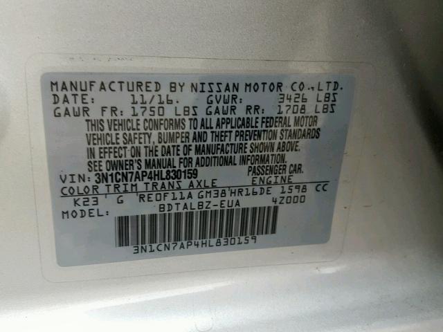 3N1CN7AP4HL830159 - 2017 NISSAN VERSA S GRAY photo 10