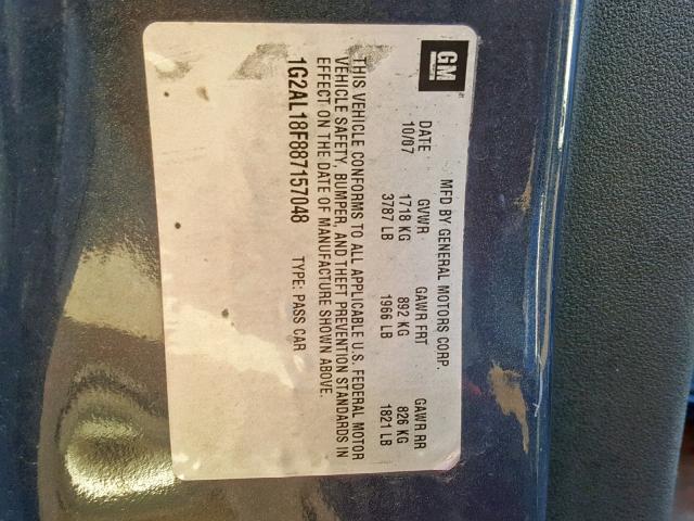 1G2AL18F887157048 - 2008 PONTIAC G5 BLACK photo 10