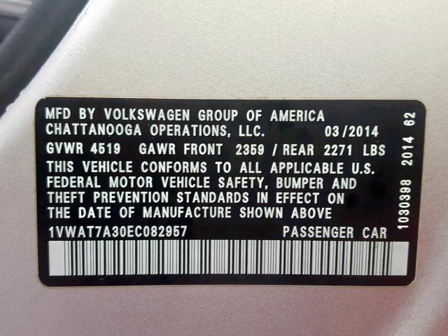 1VWAT7A30EC082957 - 2014 VOLKSWAGEN PASSAT S SILVER photo 10