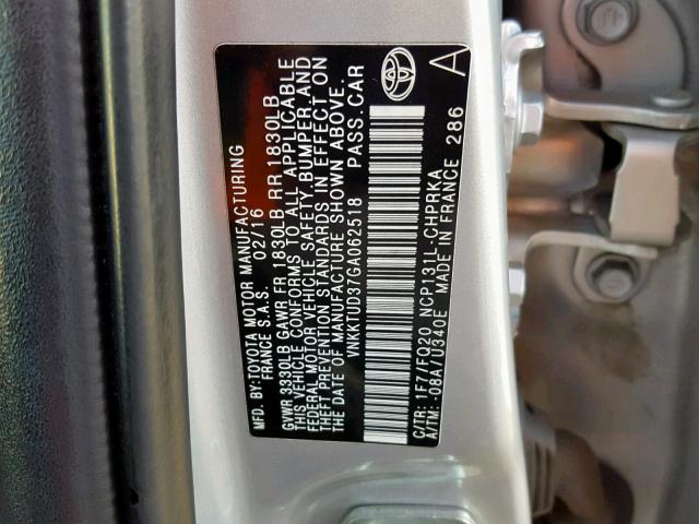 VNKKTUD37GA062518 - 2016 TOYOTA YARIS L SILVER photo 10