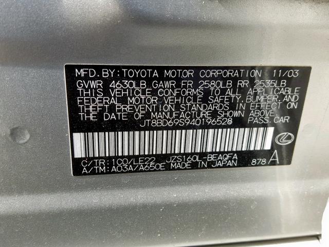 JT8BD69S940196528 - 2004 LEXUS GS 300 SILVER photo 10