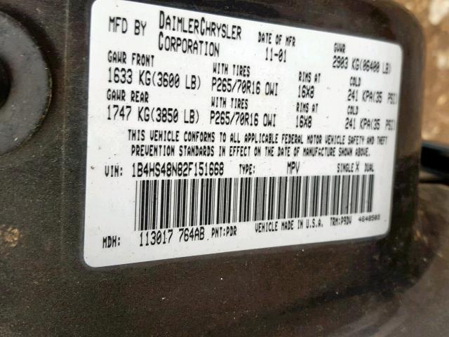 1B4HS48N82F151668 - 2002 DODGE DURANGO SL GRAY photo 10