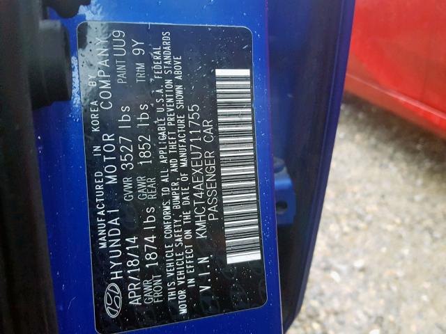 KMHCT4AEXEU711755 - 2014 HYUNDAI ACCENT GLS BLUE photo 10