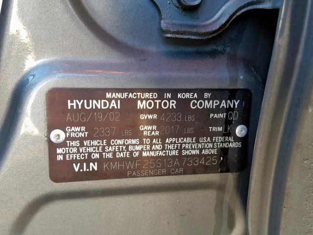 KMHWF25S13A733425 - 2003 HYUNDAI SONATA GL GRAY photo 10