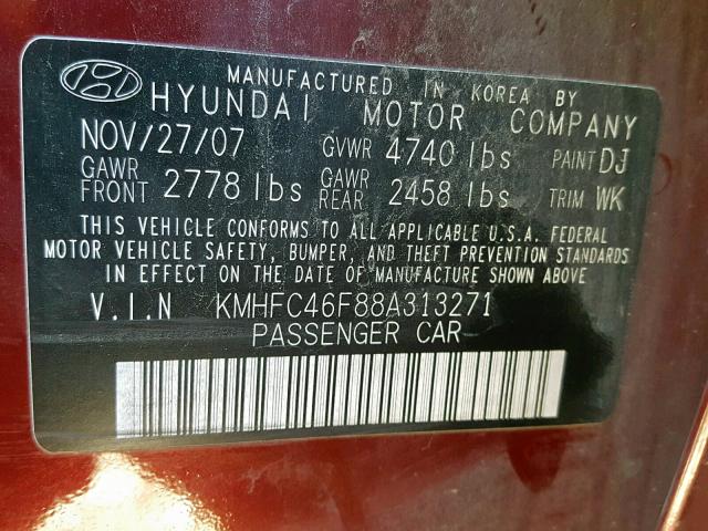 KMHFC46F88A313271 - 2008 HYUNDAI AZERA SE MAROON photo 10