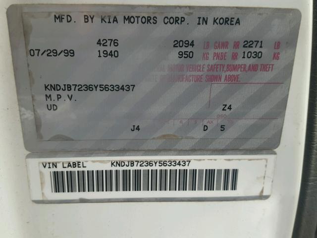 KNDJB7236Y5633437 - 2000 KIA SPORTAGE WHITE photo 10