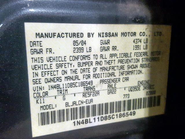 1N4BL11D85C186549 - 2005 NISSAN ALTIMA SE GRAY photo 10