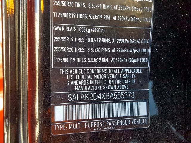 SALAK2D4XBA555373 - 2011 LAND ROVER LR4 HSE LU BLACK photo 10