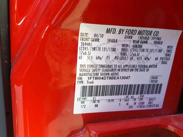 1FT8W4DT8BEA13047 - 2011 FORD F450 SUPER RED photo 10