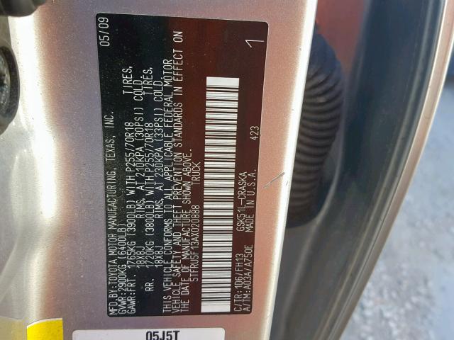 5TFRU5F13AX020888 - 2010 TOYOTA TUNDRA DOU SILVER photo 10