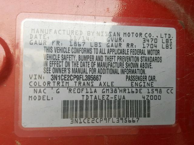 3N1CE2CP9FL395667 - 2015 NISSAN VERSA NOTE MAROON photo 10