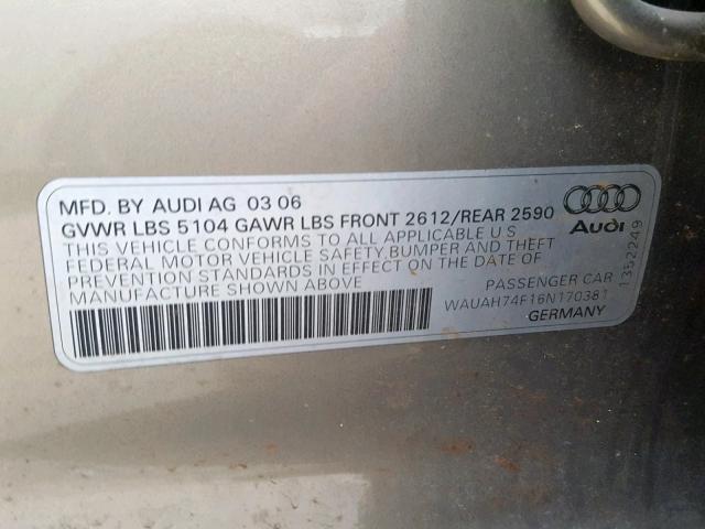 WAUAH74F16N170381 - 2006 AUDI A6 3.2 GOLD photo 10