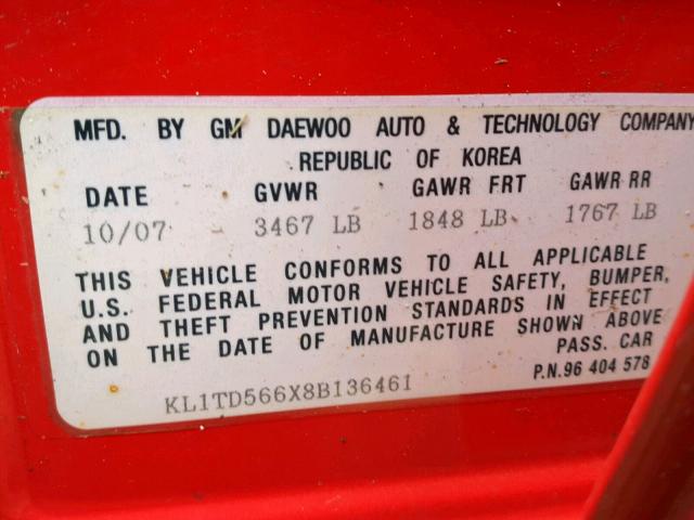 KL1TD566X8B136461 - 2008 CHEVROLET AVEO BASE წითელი ფოტო 10