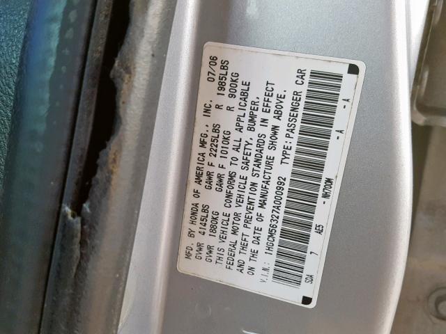 1HGCM56327A000992 - 2007 HONDA ACCORD SE SILVER photo 10