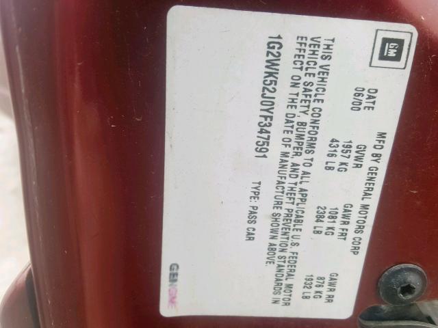 1G2WK52J0YF347591 - 2000 PONTIAC GRAND PRIX წითელი ფოტო 10