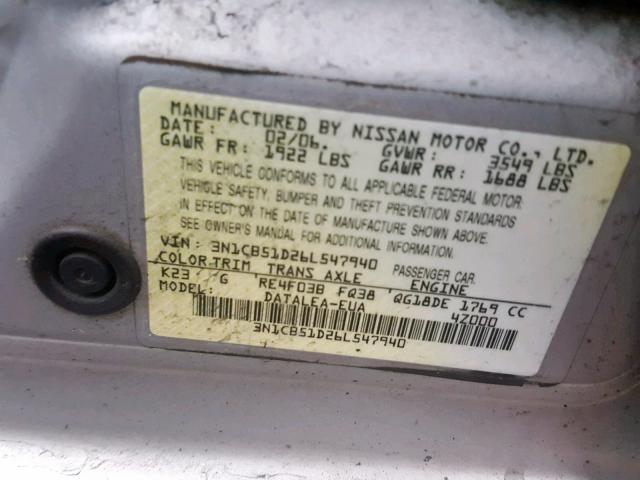 3N1CB51D26L547940 - 2006 NISSAN SENTRA 1.8 SILVER photo 10