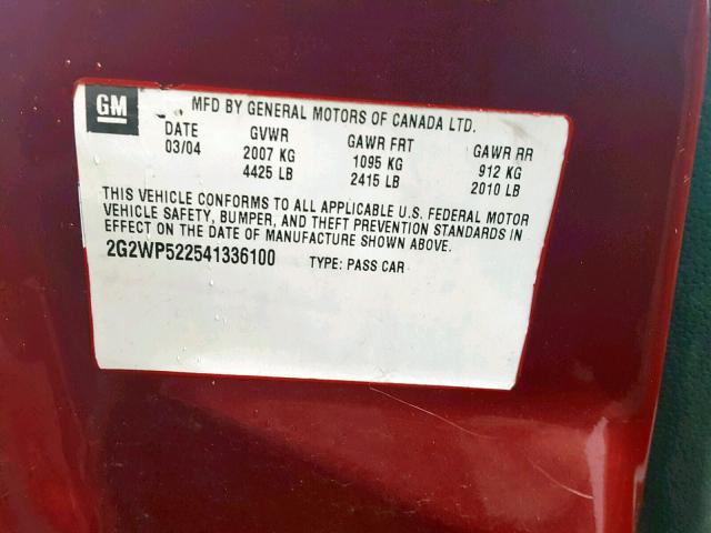 2G2WR524341192560 - 2004 PONTIAC GRAND PRIX MAROON photo 10