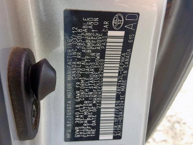 2T1BU4EE0CC829668 - 2012 TOYOTA COROLLA BA 银色 照片 10