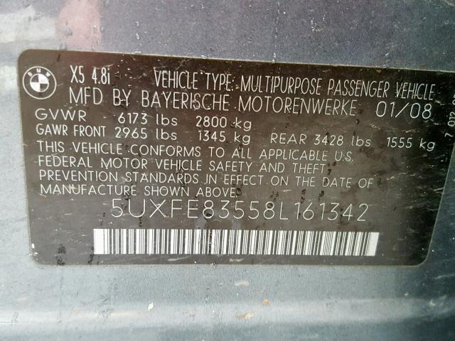 5UXFE83558L161342 - 2008 BMW X5 4.8I GRAY photo 10