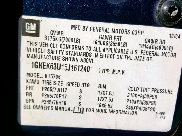 1GKEK63U15J161240 - 2005 GMC YUKON DENA BLUE photo 10