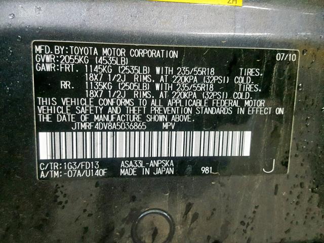 JTMRF4DV8A5036865 - 2010 TOYOTA RAV4 SPORT GRAY photo 10