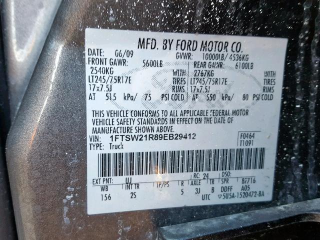 1FTSW21R89EB29412 - 2009 FORD F250 SUPER GRAY photo 10