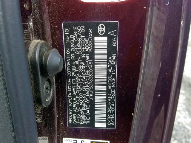 JTKJF5C76B3009451 - 2011 TOYOTA SCION TC იასამნისფერი ფოტო 10