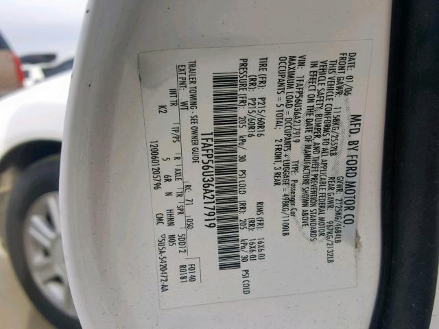 1FAFP56U36A217919 - 2006 FORD TAURUS SEL WHITE photo 10