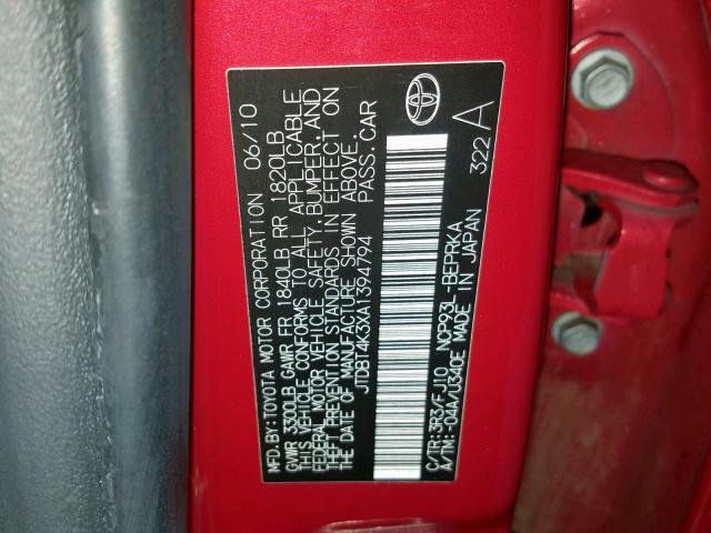 JTDBT4K3XA1394794 - 2010 TOYOTA YARIS RED photo 10