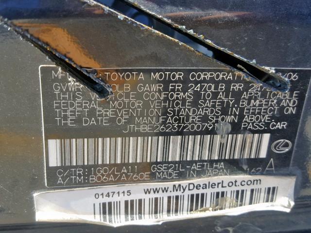 JTHBE262372007911 - 2007 LEXUS IS 350 GRAY photo 10