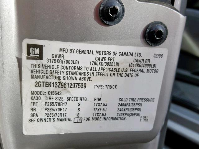 2GTEK13Z961297539 - 2006 GMC NEW SIERRA SILVER photo 10