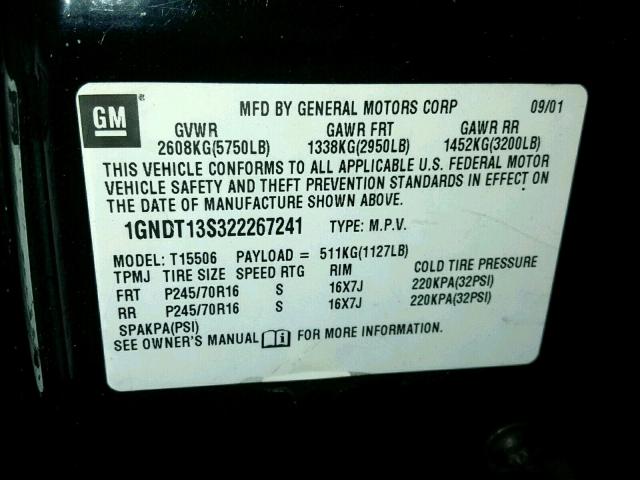 1GNDT13S322267241 - 2002 CHEVROLET TRAILBLAZE BLACK photo 10