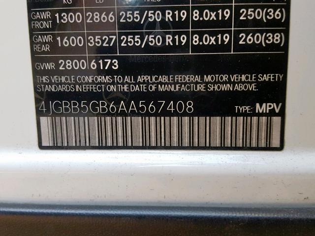 4JGBB5GB6AA567408 - 2010 MERCEDES-BENZ ML 350 白色 照片 10