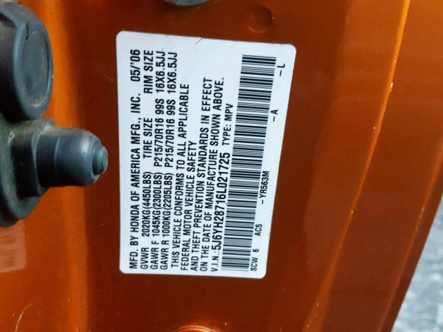 5J6YH28716L021725 - 2006 HONDA ELEMENT EX ORANGE photo 10