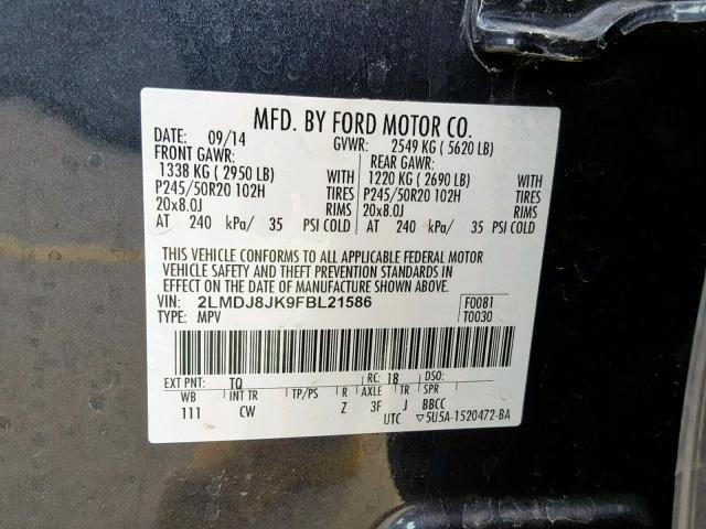 2LMDJ8JK9FBL21586 - 2015 LINCOLN MKX BLACK photo 10