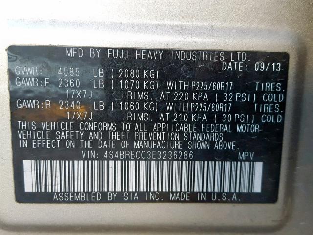 4S4BRBCC3E3236286 - 2014 SUBARU OUTBACK 2. GOLD photo 10