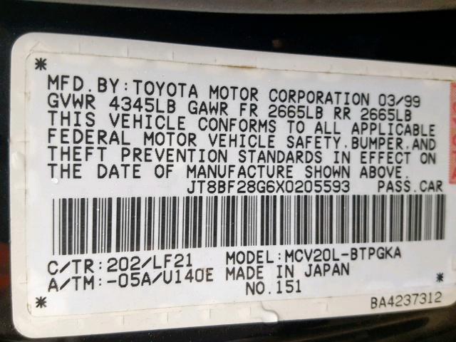 JT8BF28G6X0205593 - 1999 LEXUS ES 300 BLACK photo 10