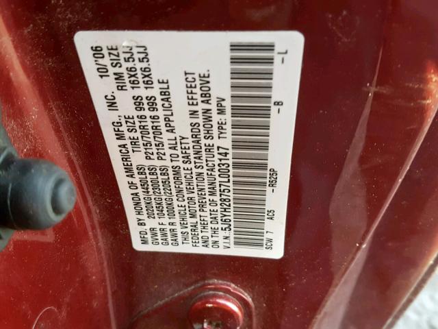 5J6YH28757L003147 - 2007 HONDA ELEMENT EX BURGUNDY photo 10