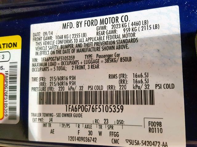 1FA6P0G76F5105359 - 2015 FORD FUSION S BLUE photo 10