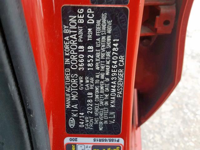 KNADM4A39E6407841 - 2014 KIA RIO LX RED photo 10