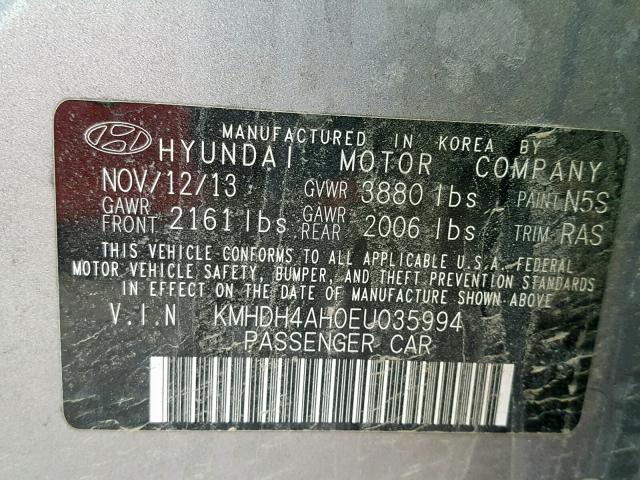 KMHDH4AH0EU035994 - 2014 HYUNDAI ELANTRA SE GRAY photo 10