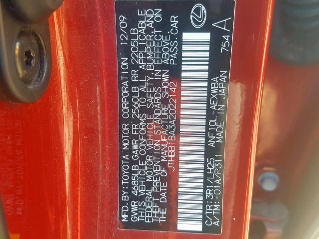 JTHBB1BA3A2022142 - 2010 LEXUS HS 250H RED photo 10