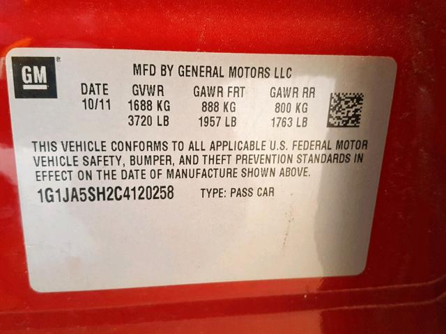 1G1JA5SH2C4120258 - 2012 CHEVROLET SONIC LS MAROON photo 10