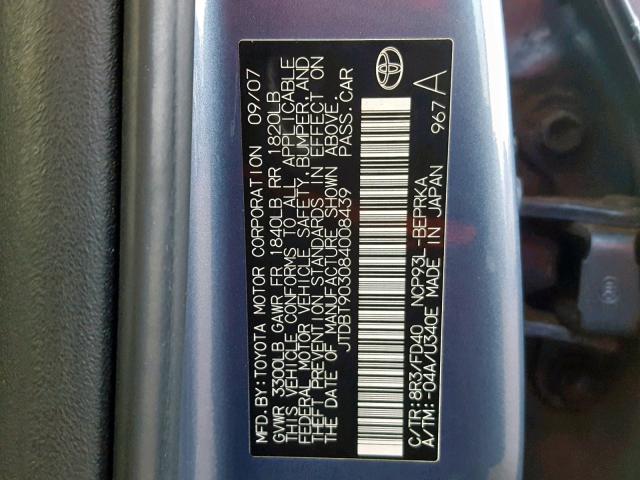 JTDBT903084008439 - 2008 TOYOTA YARIS BLUE photo 10