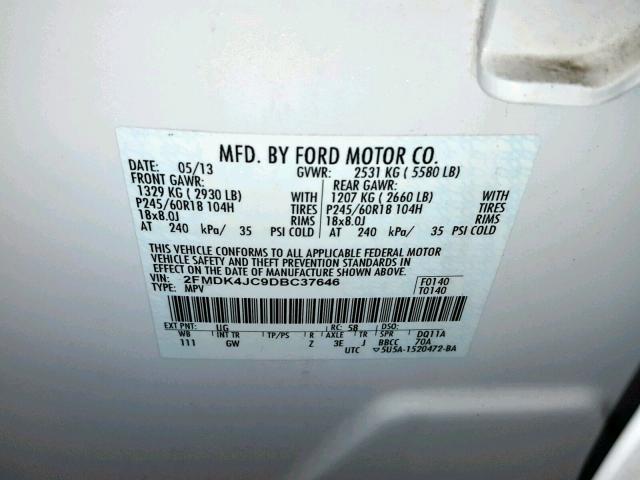 2FMDK4JC9DBC37646 - 2013 FORD EDGE SEL Ağ foto 10