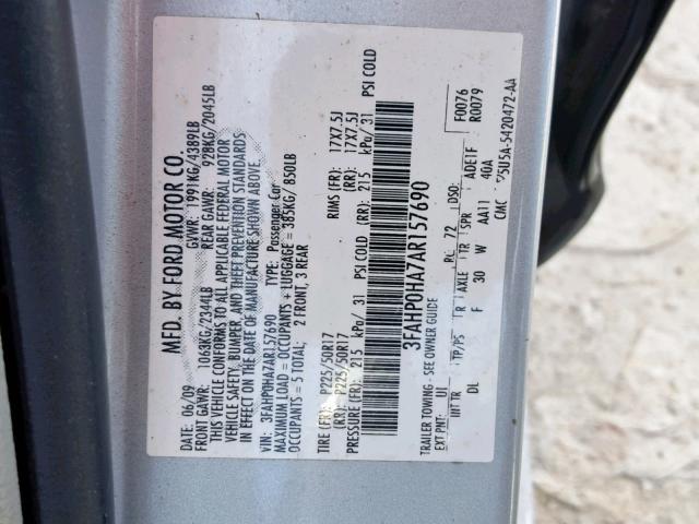 3FAHP0HA7AR157690 - 2010 FORD FUSION SE ვერცხლისფერი ფოტო 10